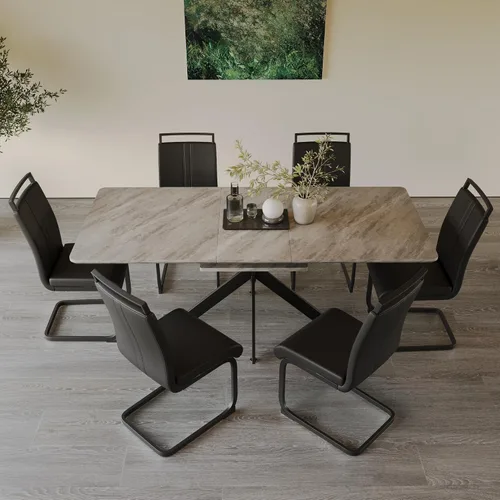 Vista 35 de Mesa de comedor de mármol para 4-8, mesa de comedor extensible de 62.4 a 78.15 pulgadas, mesa de cocina moderna, mesa rectangular que ahorra espacio
