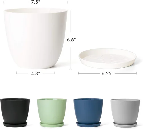 Vista 6 de Mkono Macetas de plástico de 7.5 pulgadas para plantas con platillos, juego de 5 macetas de plástico para interiores, maceta moderna con orificio