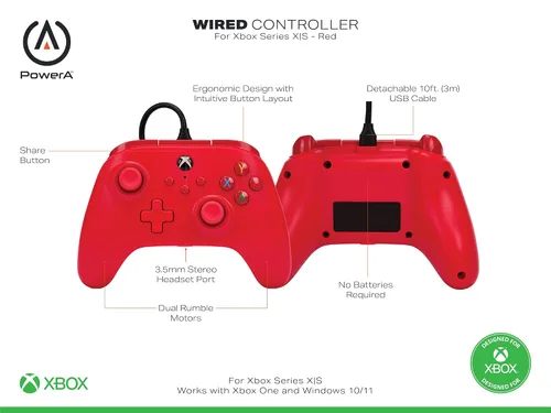 Vista 3 de PowerA Wired Controller for Xbox Series XS - Red, gamepad, video gamegaming controller, works with Xbox One, Officially Licensed