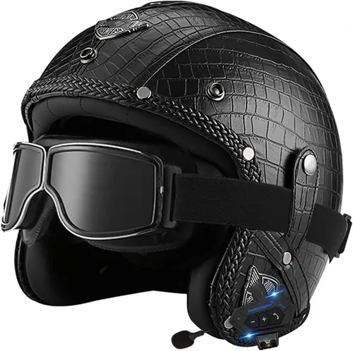Vista 12 de Casco retro de motocicleta con Bluetooth, casco de cuero Jet con gafas personalizadas, medio casco de motocicleta 3/4 aprobado por DOT, casco
