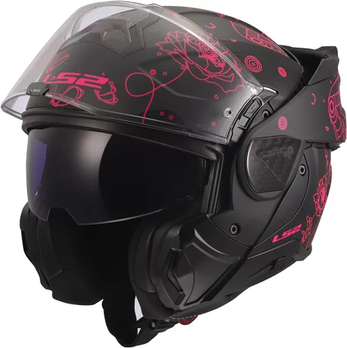 Vista 2 de Cascos LS2 Advant II - Casco modular para motocicleta con protector solar (Negro mate Sophia/Rosa - Talla L)