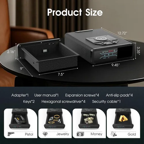 Vista 7 de Caja fuerte para pistola de pistola, biométrica de acceso rápido con carga inalámbrica para reloj y teléfono, teclado de huellas dactilares 3 en 1
