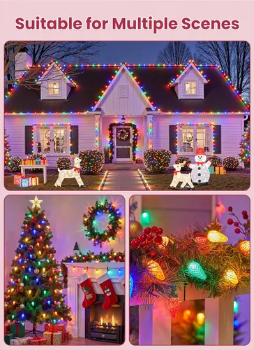 Vista 7 de Luces LED C9 de Navidad para exteriores, 68 pies, 100 luces LED de fresa con 100 abrazaderas de resorte, impermeable, grado comercial, extensible