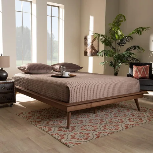Vista 2 de Baxton Studio Karine Mid-Century - Marco de cama de madera con acabado marrón nogal, tamaño queen
