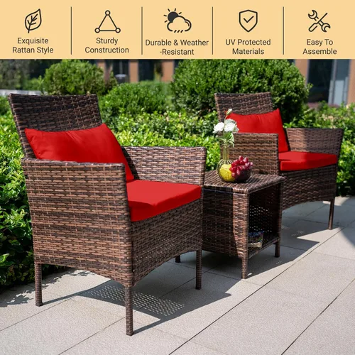 Vista 7 de Tappio Juego de 3 piezas para conversación de patio, muebles de porche y balcón, muebles de chat al aire libre, sillas de mimbre y mesa almacenable