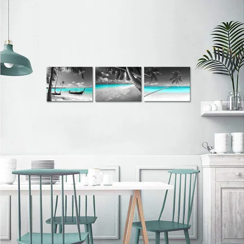 Vista 2 de Biuteawal 3 piezas de lienzo de playa en blanco y negro para pared, imágenes de paisaje marino turquesa, palmera tropical, velero, pintura, obras
