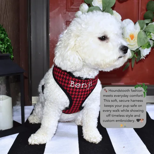 Vista 2 de Arnés personalizado para perro con nombre bordado de mascota, arnés para perro de pata de gallo, chaleco acolchado suave ajustable para perros Negro
