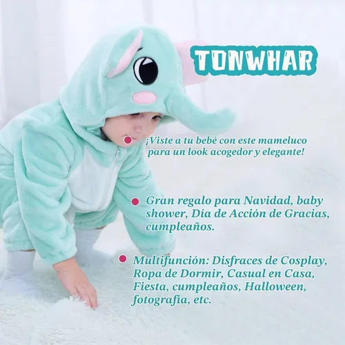Vista 5 de TONWHAR - Disfraz para niños y bebés, disfraz de dinosaurio, tigre, animal, atuendo de fantasía, mameluco con capucha Elefante