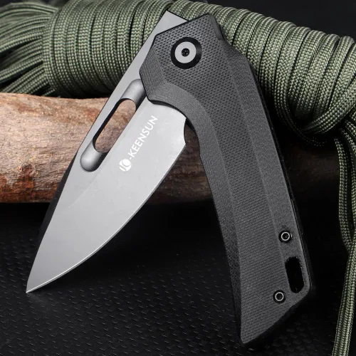 Vista 3 de KEENSUN Cuchillo plegable de bolsillo con mango G10 negro y hoja D2: cuchillo táctico, cuchillo de caza, cuchillo EDC. Cuchillos de apertura