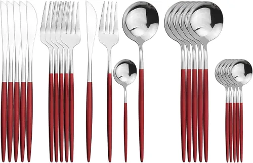 Vista 21 de Juego de cubiertos negros de acero inoxidable de 24 piezas, servicio para 6, vajilla pulida con espejo, cuchillo tenedor y cuchara para el hogar