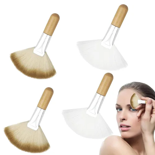 Vista 8 de Paquete de 4 cepillos de abanico para mujer, cepillo de cerdas suaves para resaltar la cara, cepillo para rubor con mango largo, cepillos