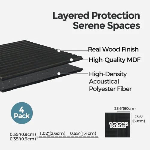 Vista 6 de AKUMAX Paquete de 4 paneles de madera, paneles de pared con listones 3D para pared, techo y absorción de sonido, paneles de pared de madera