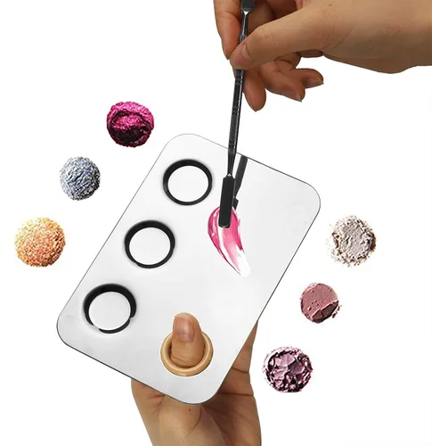 Vista 5 de Paleta de mezcla de maquillaje, paleta de maquillaje de acero inoxidable de 6 x 4 pulgadas, paleta de mezcla de 3 pocillos para arte de uñas, paleta