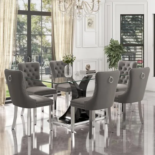 Vista 20 de Juego de comedor de cristal moderno de lujo de 7 piezas, juego de cena rectangular minimalista grande para 6, mesa de cocina de cristal transparente