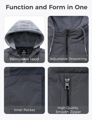 Vista 6 de wantdo Chaleco de invierno acolchado para hombre, chaqueta sin mangas gruesa con capucha desmontable