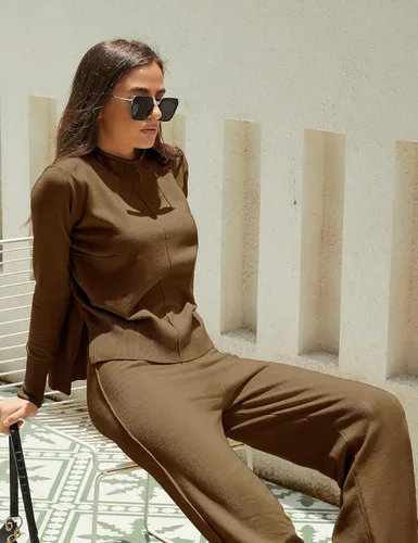 Vista 7 de Conjunto de 2 piezas para mujer, sudadera con cuello alto falso, pantalones de pierna ancha, conjuntos de ropa de descanso