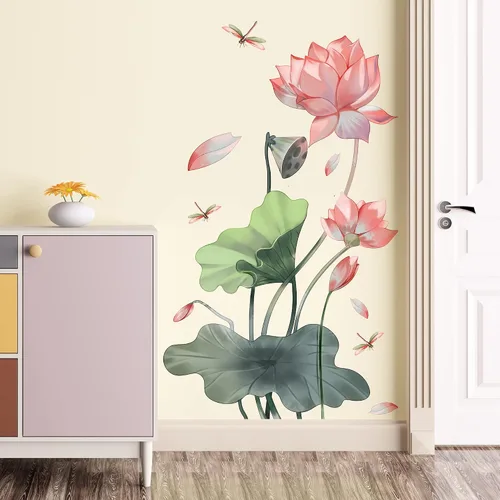 Vista 8 de Calcomanía de pared creativa de libélula de loto, calcomanía de pared de hoja de loto grande y vaina, mural de pared extraíble para sala de estar