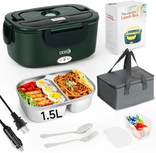Vista 8 de IXIIE Lonchera eléctrica de 80W, calentador de alimentos para el trabajo, 12V/24V/110V, lonchera portátil para adultos con 2 envases de acero