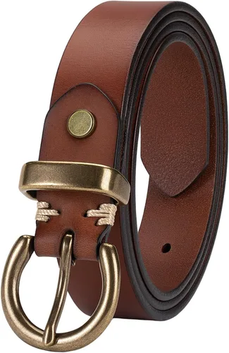 Vista 11 de Cinturón de mujer para jeans de cuero genuino con hebilla circular de latón vintage sólido y embalaje de caja de regalo Negro-1