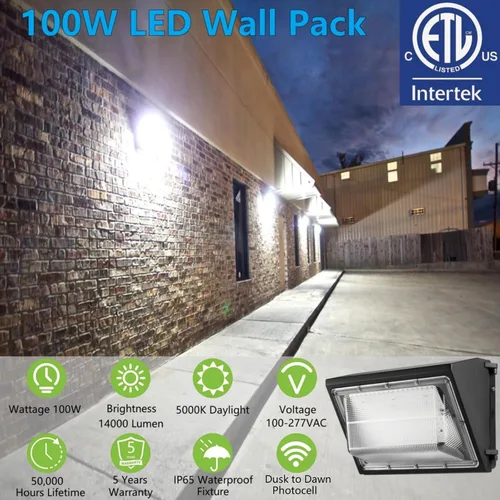 Vista 2 de Paquete de 2 lámparas LED de pared de 100 W del anochecer al amanecer, 13000LM 400-600W equivalente a HPS/HID, iluminación de seguridad al aire