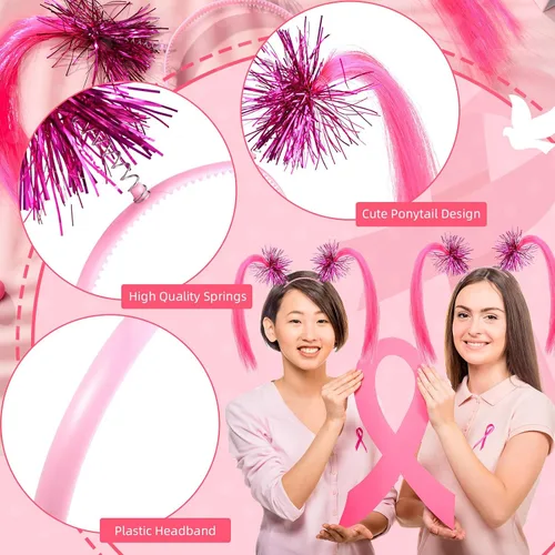 Vista 2 de Hanaive 12 diademas para concienciación sobre el cáncer de mama, diademas con pompones rosados, diadema envuelta en oropel para cola de caballo