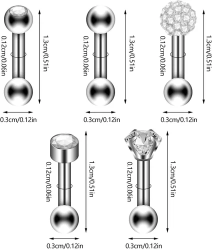 Vista 5 de Juego de 10 aretes de 0.56 oz, aretes de bola con cierre de tornillo, aretes de tuerca para cartílago de hélix, barra con incrustaciones