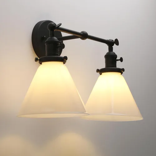 Vista 3 de PERMO Aplique doble vintage industrial negro 2 luces apliques de pared con embudo de vidrio acampanado pantalla de vidrio de leche antiguo