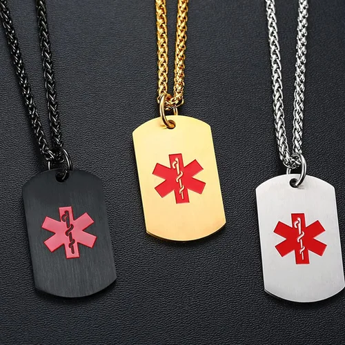 Vista 21 de VNOX Collar con colgante personalizado de acero inoxidable con grabado personalizado para identificación de alerta médica de emergencia para hombres