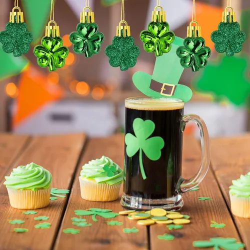 Vista 7 de Juego de adornos de tréboles del día de San Patricio, 48 piezas de trébol de la buena suerte, adornos colgantes decorativos de trébol verde