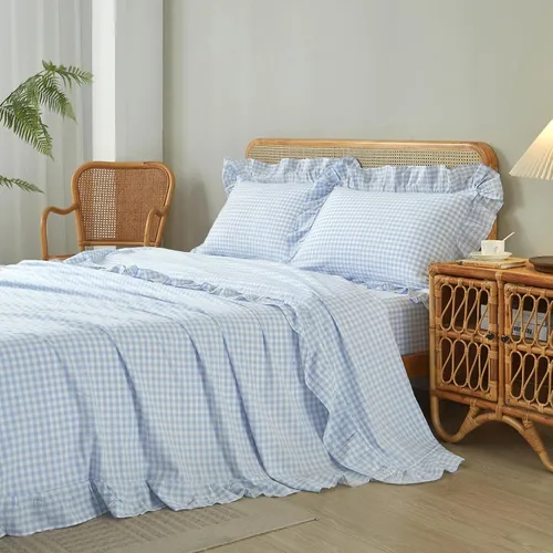 Vista 12 de LifeTB Gingham Ruffle Twin Sheets Set Soft Microfiber Blue Plaid Bed Sheets Volante - Azul Gingham