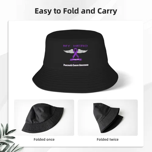 Vista 4 de My Hero is Now My Angel - Sombrero de pescador para concientización del cáncer pancreático de doble tejido para mujeres/hombres, sombrero