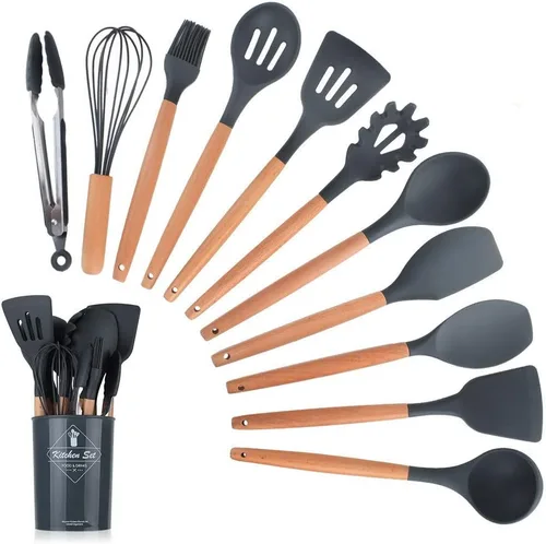 Vista 10 de Juego de utensilios de cocina de silicona, resistentes al calor, antiadherentes, con asas de madera, para restaurante comercial y hogar