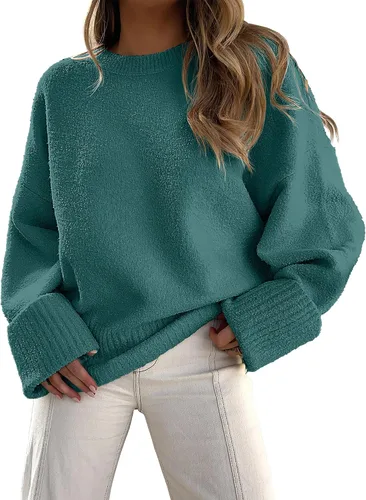 Vista 33 de LOGENE Suéter de gran tamaño para mujer, cuello redondo, manga larga, suave, mullido, suéter de punto 2025 para otoño e invierno