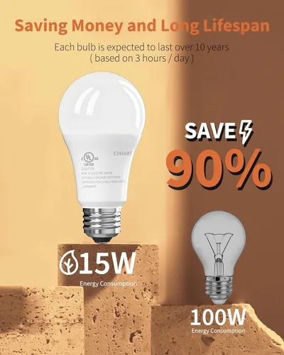 Vista 3 de Bombillas LED TJOY, equivalentes a 100 vatios A19, blanco cálido suave de 2700K, bombillas de ahorro energético con base estándar E26, 1500 lúmenes