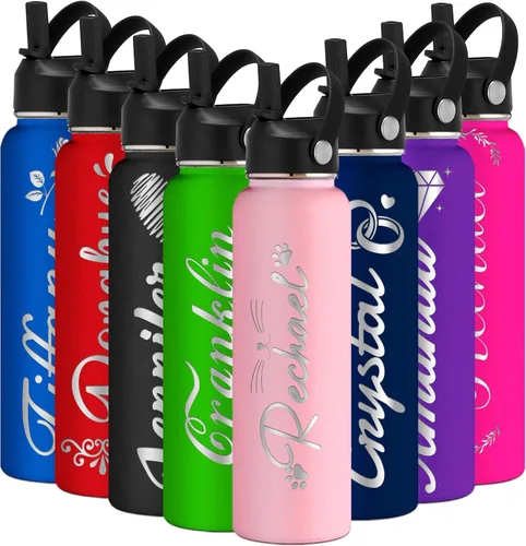 Vista 11 de Botella de agua grabada personalizada aislada con pajilla, botella de agua deportiva personalizada con nombre, botella de agua de acero inoxidable