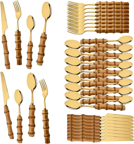 Vista 12 de Juego de cubiertos de mango de bambú natural, juego de cubiertos de acero inoxidable para 4, tenedores, cucharas, cuchillos para uso diario, 16