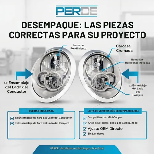 Vista 5 de Set de luces delanteras PERDE con carcasa cromada y lentes de alto rendimiento Compatible con Mini Cooper – sin juntas