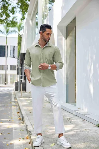 Vista 6 de COOFANDY Camisa de lino con botones para hombre, de manga larga, informal, para playa, con bolsillo