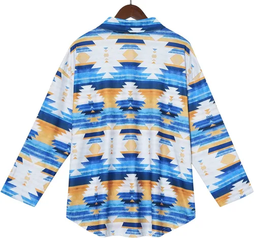 Vista 6 de Trendy Button Down Shirt Women Colorful Pattern Print Long Sleeve Collared Tops Fall Loose Casual Blouses with Pocket