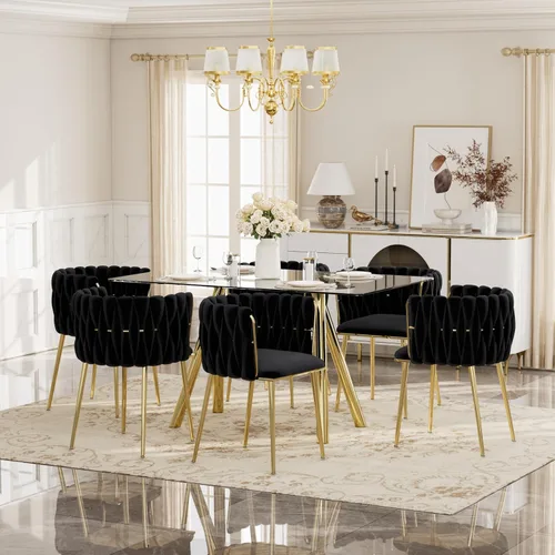 Vista 23 de Glam Style - Juego de mesa de comedor de 5 piezas para 4, mesa de comedor rectangular de vidrio templado de 51 pulgadas con base de metal dorado