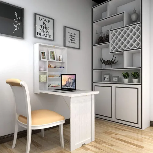 Vista 7 de Giantex GRAFFY - Escritorio de pared flotante, ahorro de espacio, escritorio convertible con área de almacenamiento, mesa plegable de madera