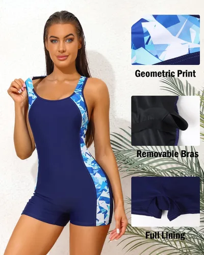 Vista 91 de beautyin - Traje de baño para mujer, traje de baño aeróbico y de competición de una pieza, estilo pantalón corto