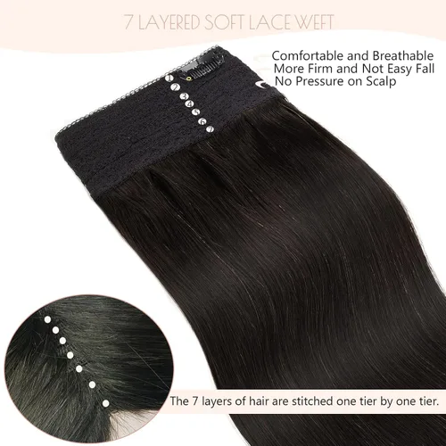Vista 4 de Extensiones de cabello con alambre, color negro natural, 14 pulgadas, 2.65 oz, 100% cabello humano real, extensión de cabello invisible