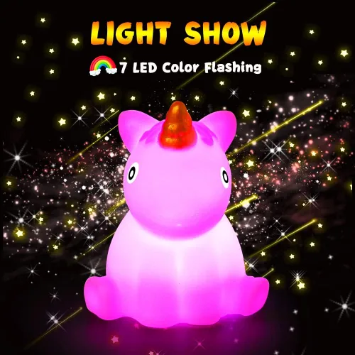 Vista 5 de Juguetes de baño para niños pequeños de 1 a 3 años, sin agujeros, bonitos juguetes de bañera de goma flotante con luz LED colorida intermitente