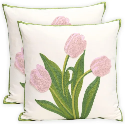 Vista 9 de Pack of 2 Embroidered Decorative Throw Pillow Cover 18x18 Inch Farmhouse Floral Pillowcase for Living Room Sofa Bed (Big Pumpkin)