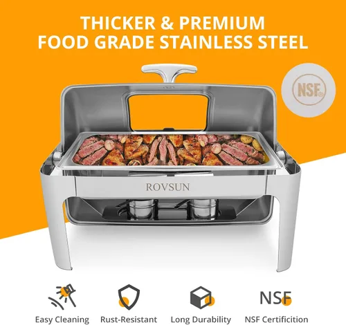 Vista 3 de ROVSUN Juego de 3 platos de bufé con tapa enrollable, 9 cuartos de galón de acero inoxidable NSF rectangular para catering, servidores de bufé