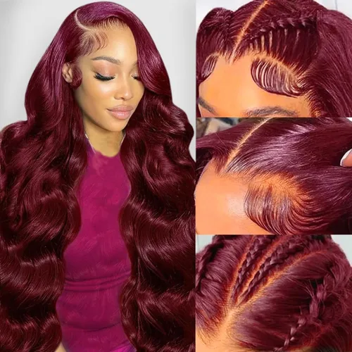 Vista 2 de Daphernew Pelucas de cabello humano ondulado sin pegamento, precortadas, densidad del 180 %, encaje frontal HD, color rojo cereza, peluca de cabello