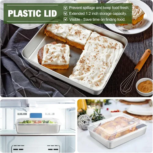 Vista 3 de TeamFar Molde para hornear con tapa, bandeja rectangular de acero inoxidable para lasaña de 9.3 x 7 pulgadas con tapa para cacerolas de brownies