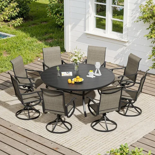 Vista 53 de VICLLAX Muebles pequeños de exterior de 3 piezas, 2 sillas giratorias de patio y mesa redonda pequeña para 2, sillas de carbón oscuro y negro