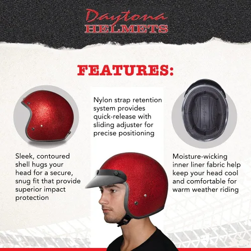 Vista 3 de Daytona Helmets Casco de motocicleta de cara abierta de 3/4 – Aprobado por DOT [Escamas de metal rojo] [XL]